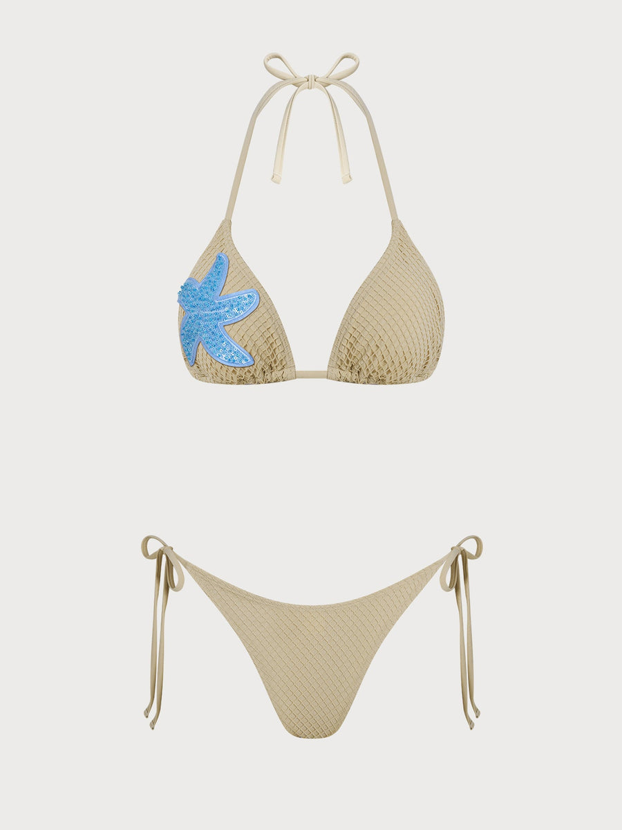 Khaki Plaid Contrast Starfish Bikini Three-Piece Set