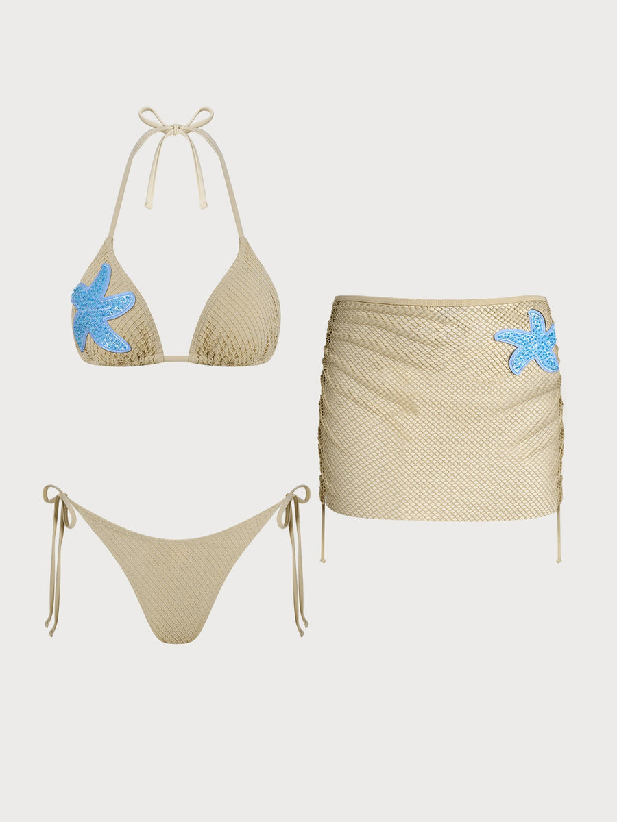 Khaki Plaid Contrast Starfish Bikini Three-Piece Set