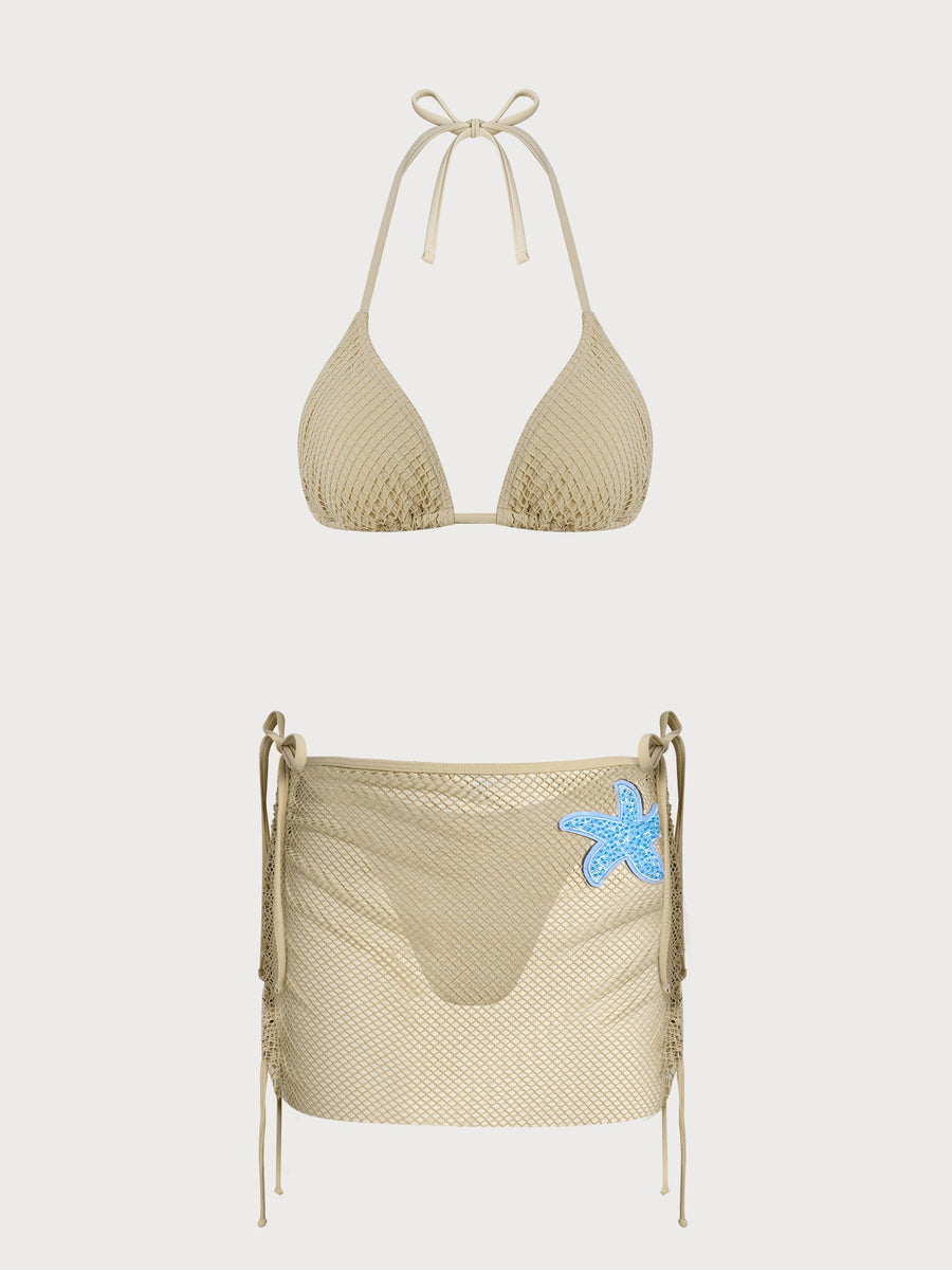 Khaki Plaid Contrast Starfish Bikini Three-Piece Set