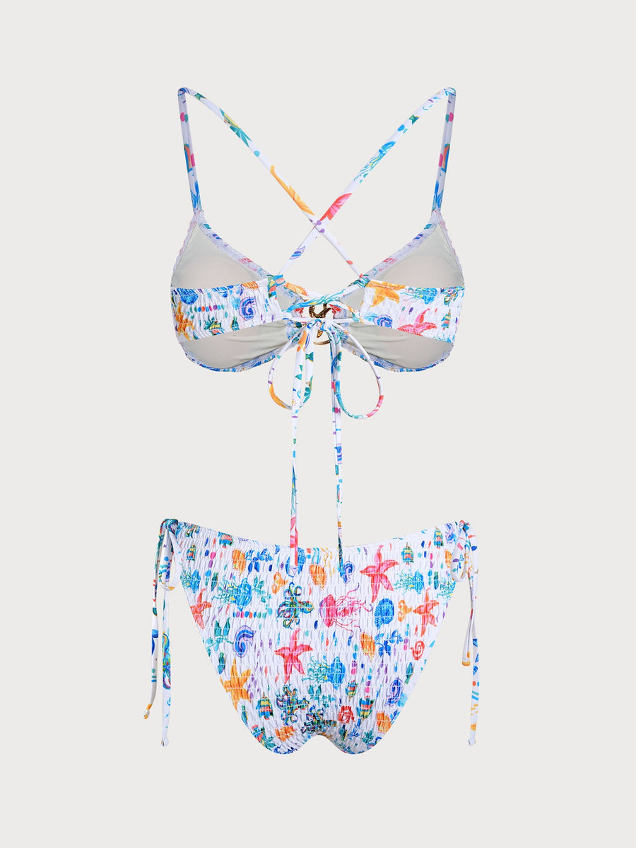 White Floral Contrast Starfish Bikini Set