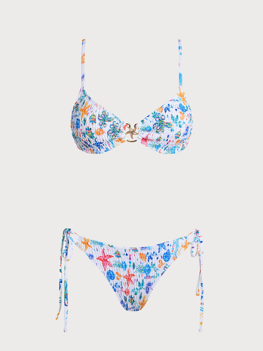 White Floral Contrast Starfish Bikini Set