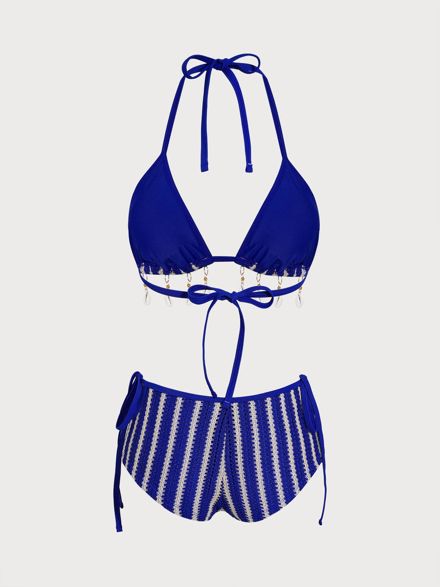 Blue Contrast Striped Beaded Shorts Bikini Set