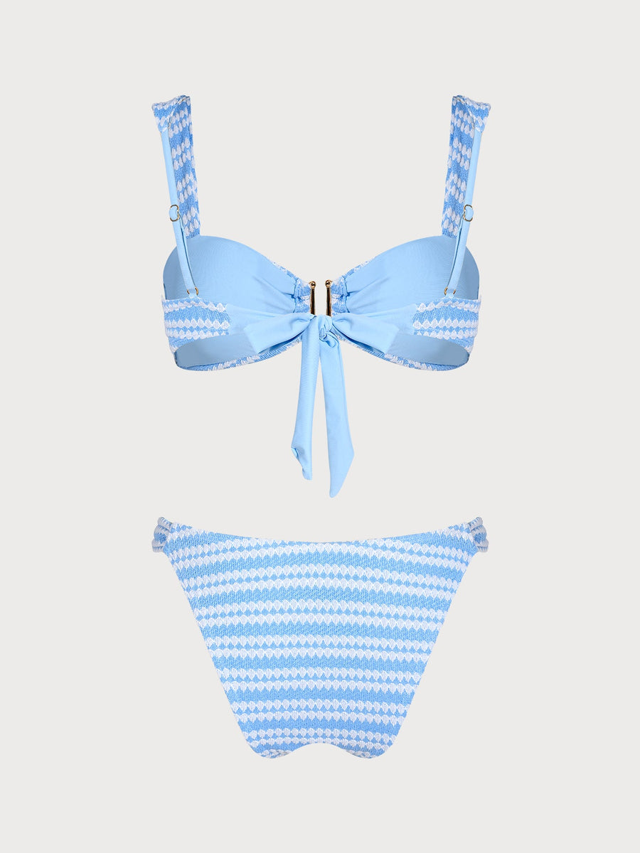Blue Striped U-Shaped Crochet Bikini Set