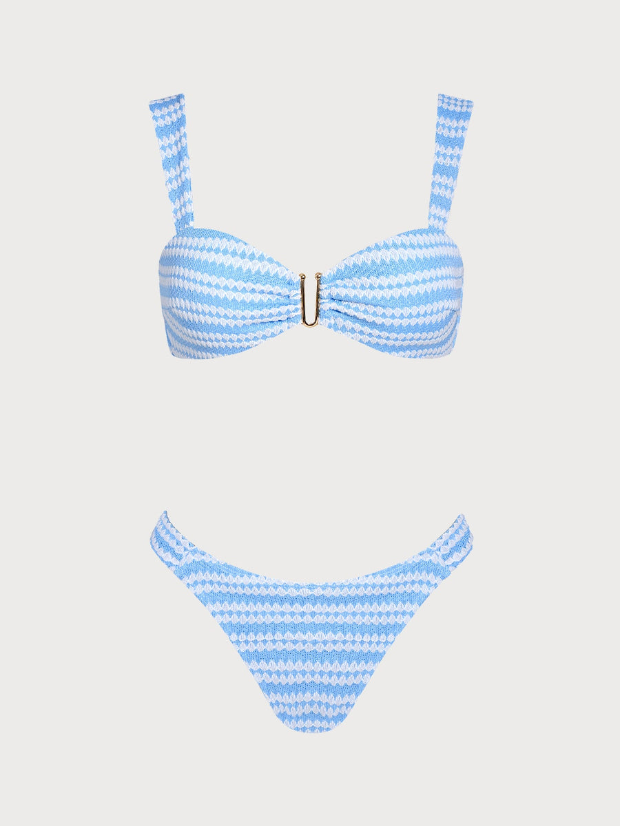 Blue Striped U-Shaped Crochet Bikini Set