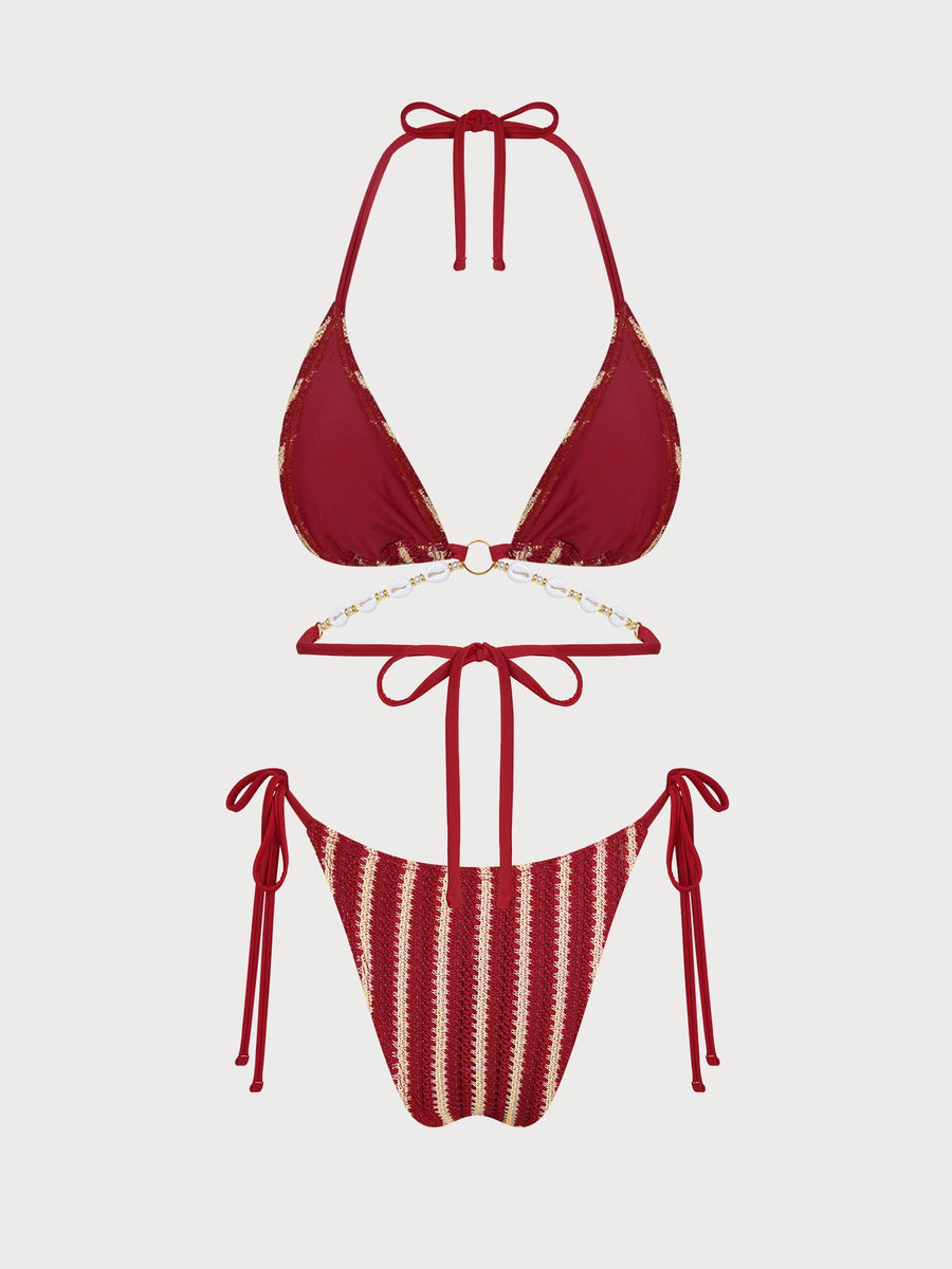 Red O-Ring Contrast Striped Bikini Set