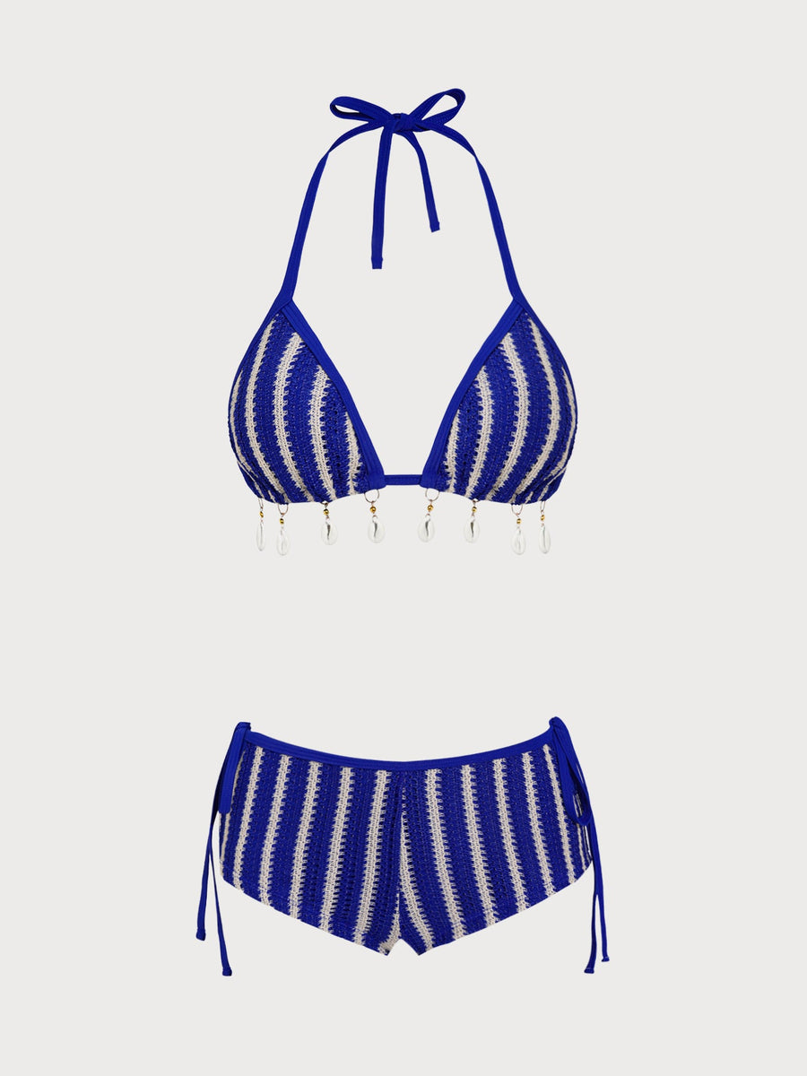 Blue Contrast Striped Beaded Shorts Bikini Set