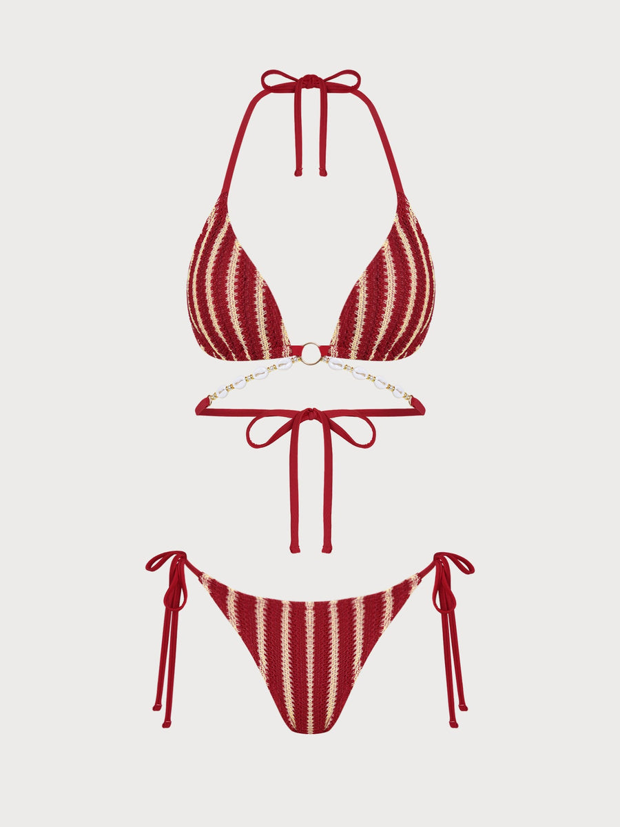 Red O-Ring Contrast Striped Bikini Set