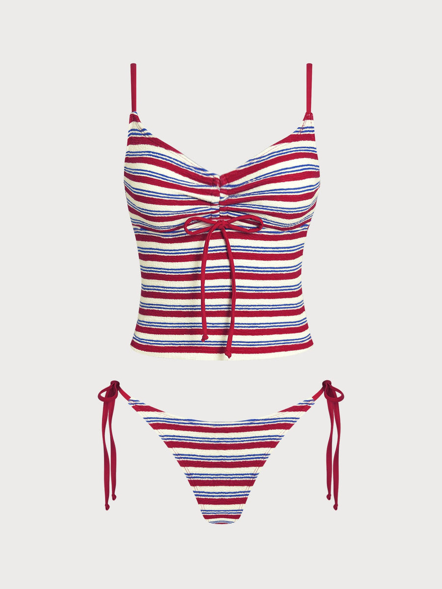 Red Striped Contrast Tankini Set