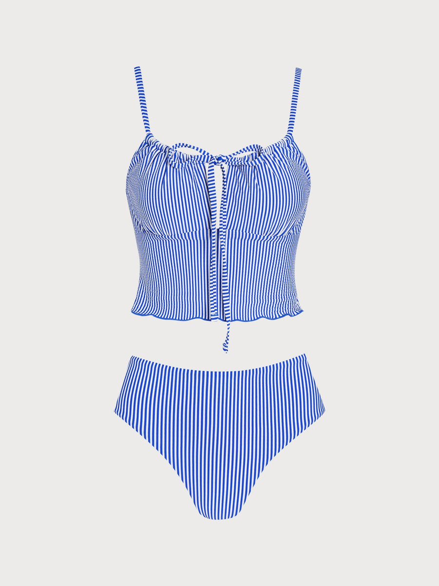Blue Striped Tie Front Tankini Set
