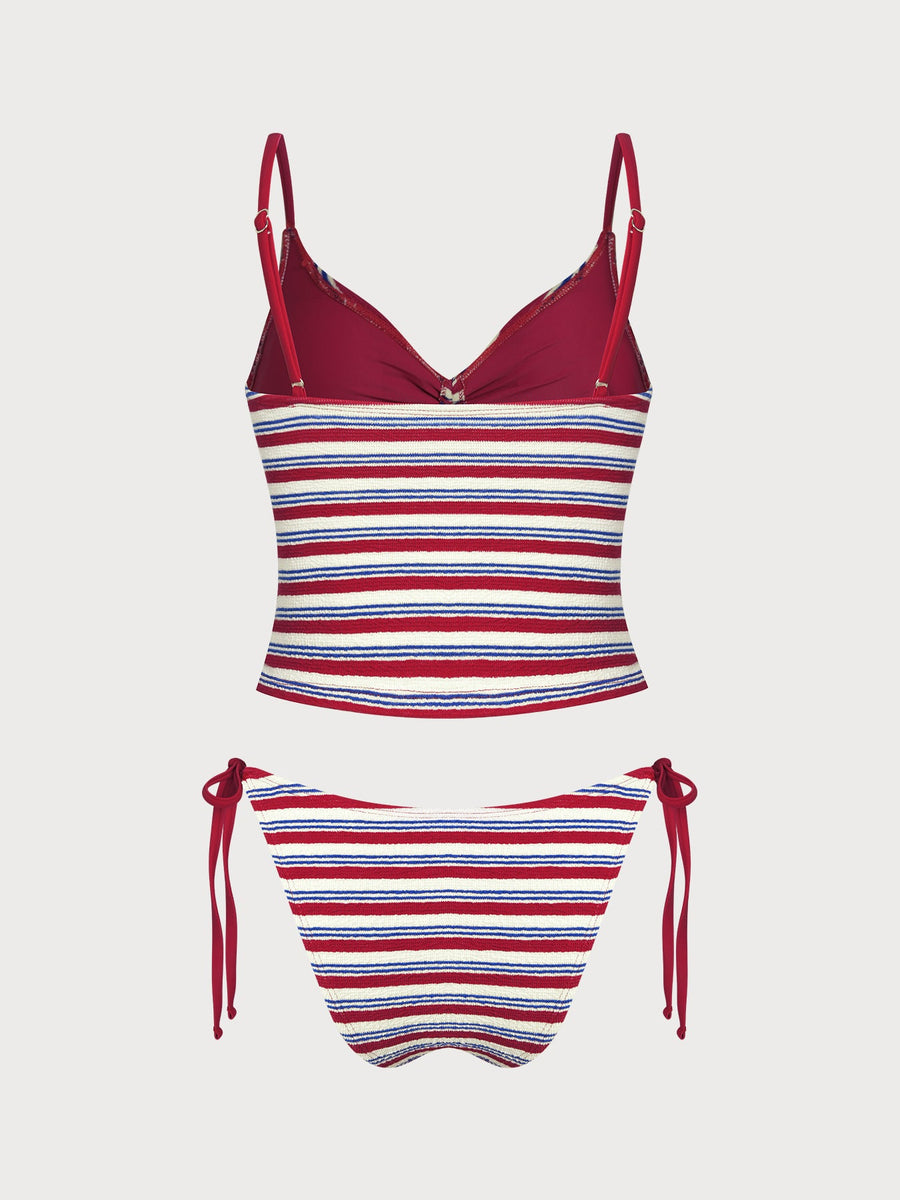 Red Striped Contrast Tankini Set