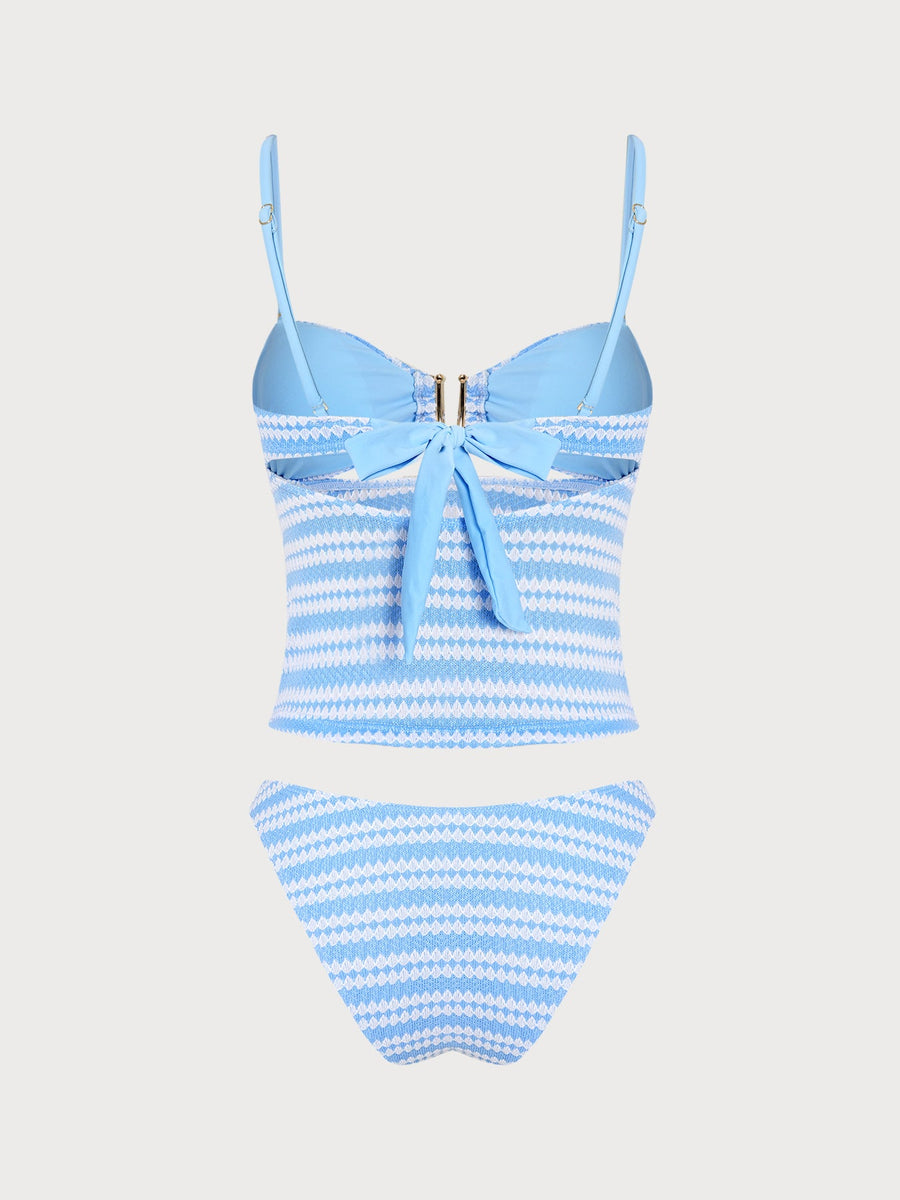 Blue Striped U-Shaped Crochet Tankini Set