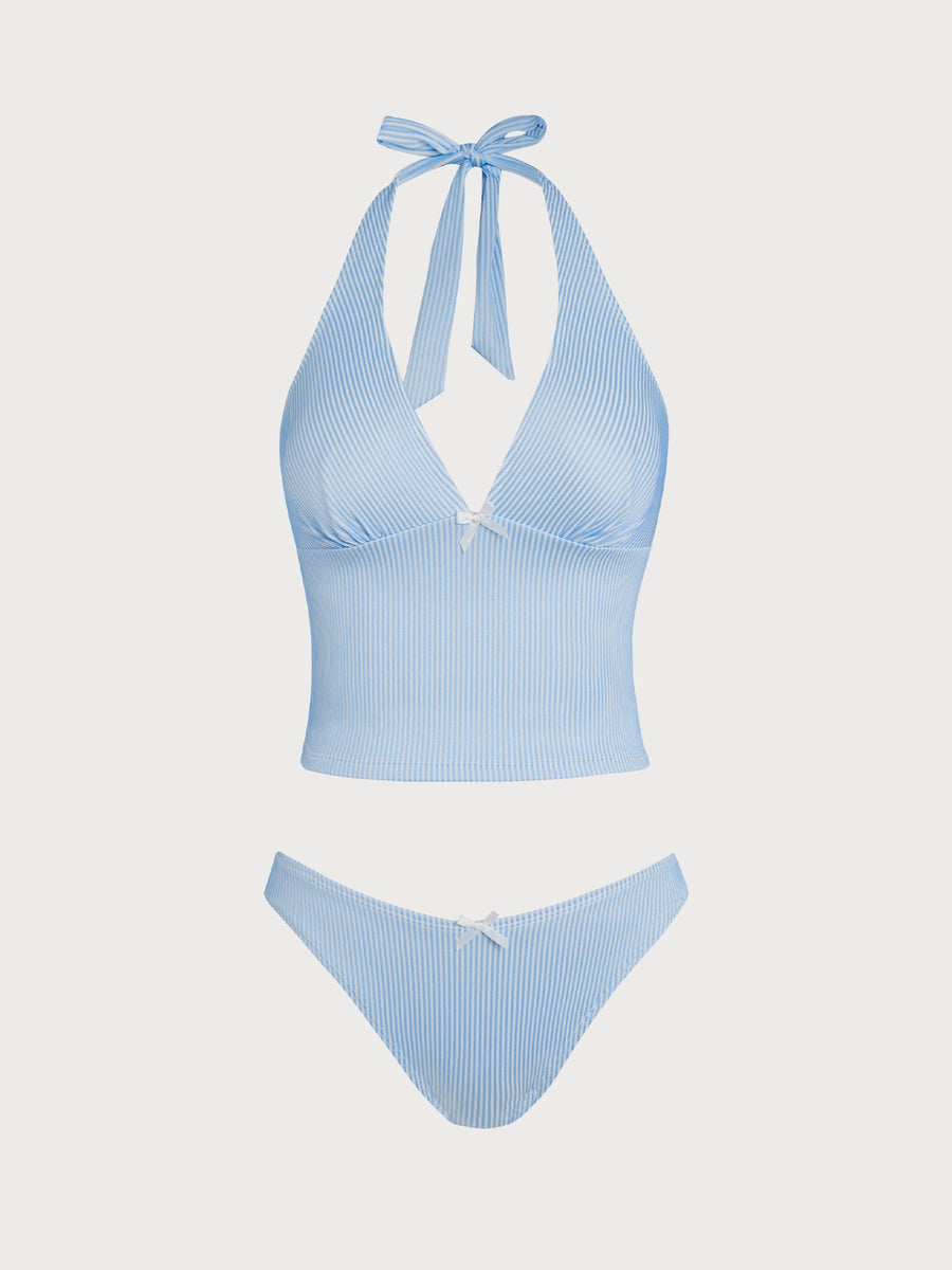 Blue Striped Bowknot Tankini Set