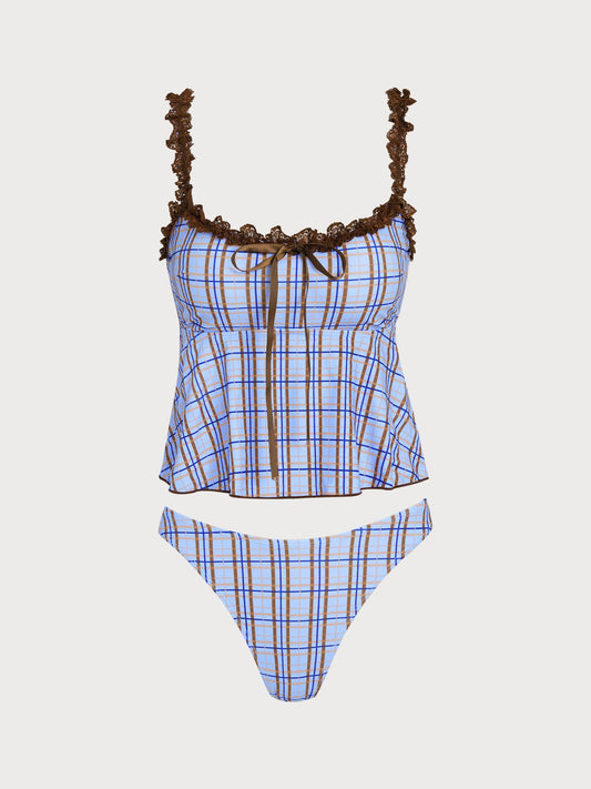Blue Plaid Ruffle Bowknot Tankini Set