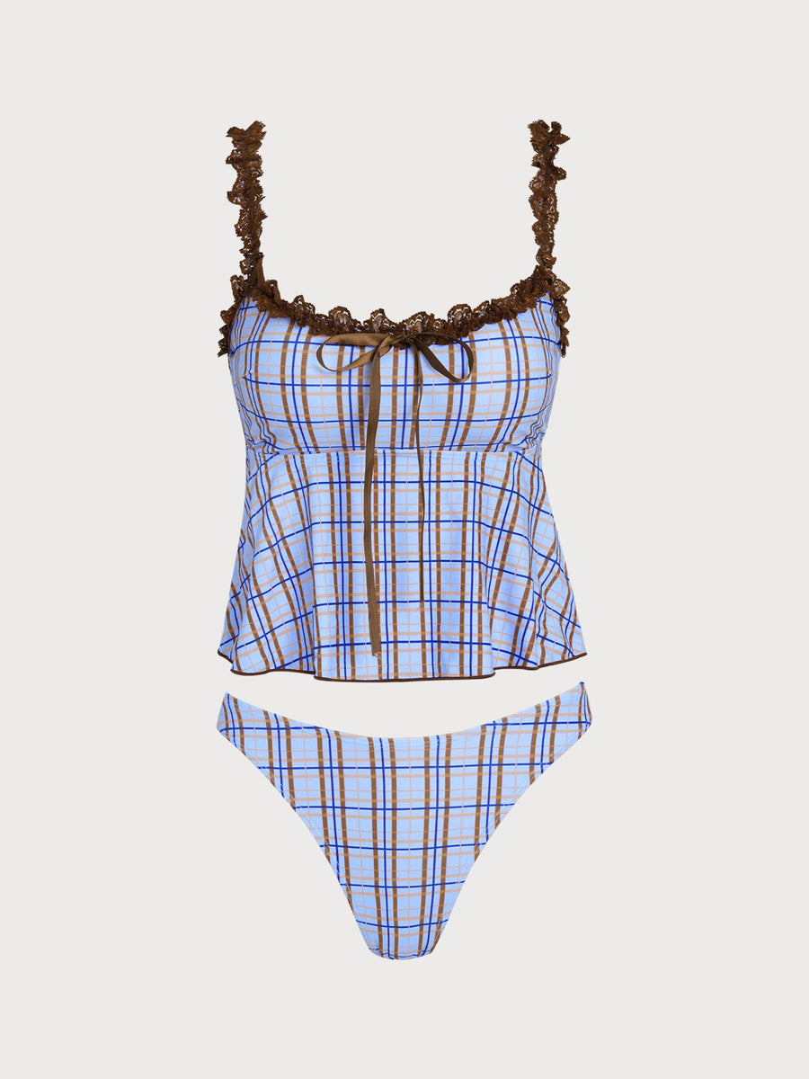 Blue Plaid Ruffle Bowknot Tankini Set
