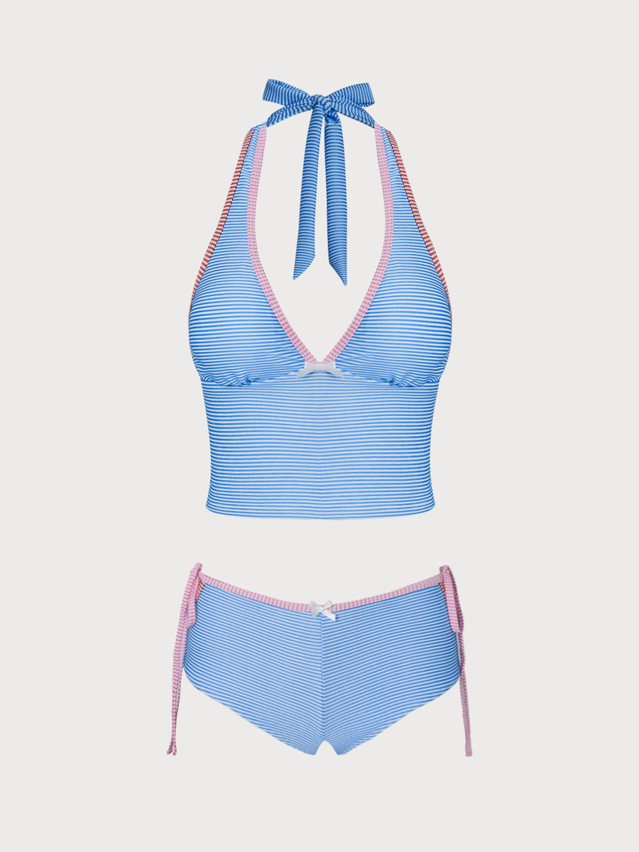 Blue Bowknot Striped Contrast Tankini Set