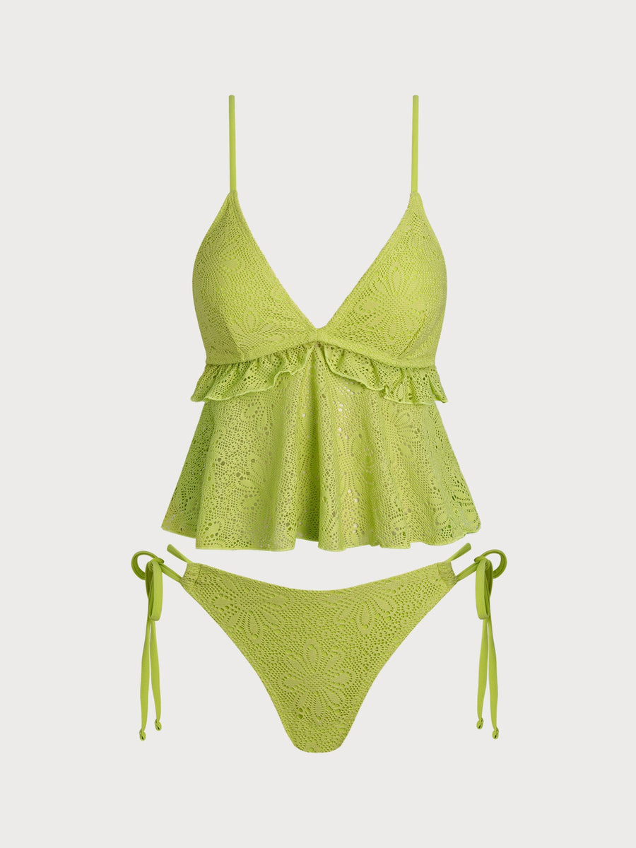 Green V-Neck Ruffle Tankini Set