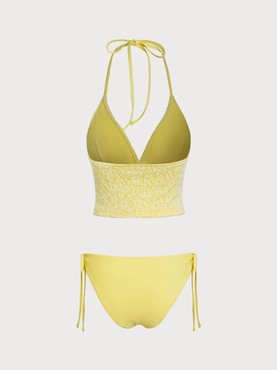 Yellow Halter Floral Plant Tankini Set