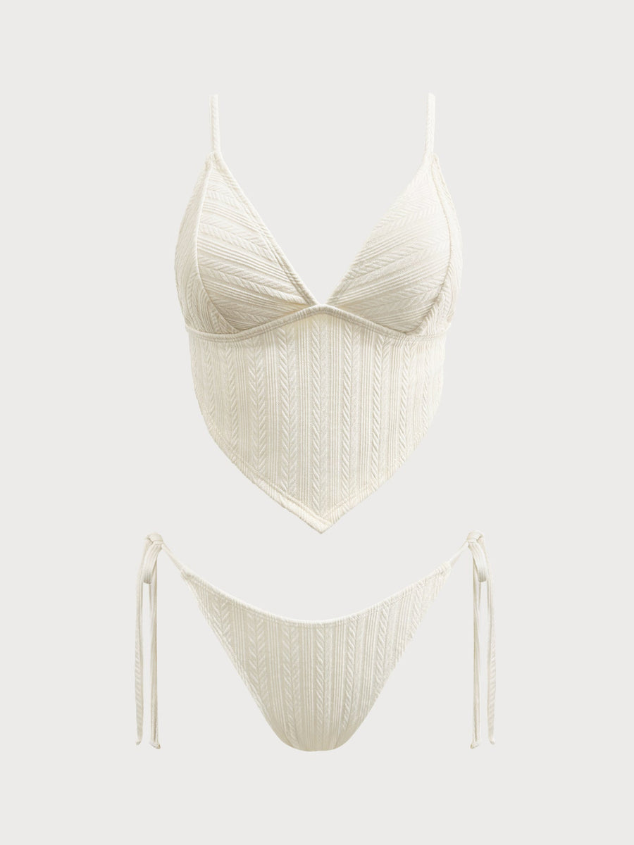 Off White Striped V-notch Tankini Set
