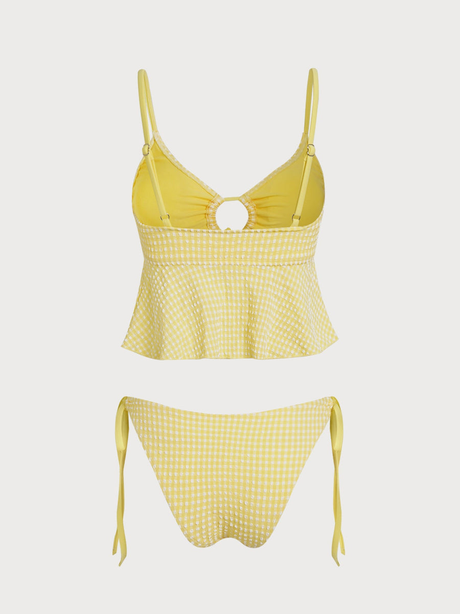 Yellow O-Ring Plaid Tankini Set