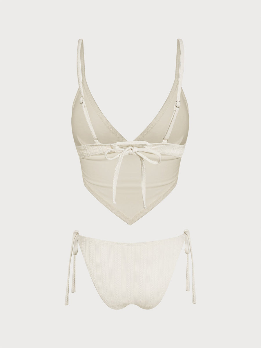 Off White Striped V-notch Tankini Set
