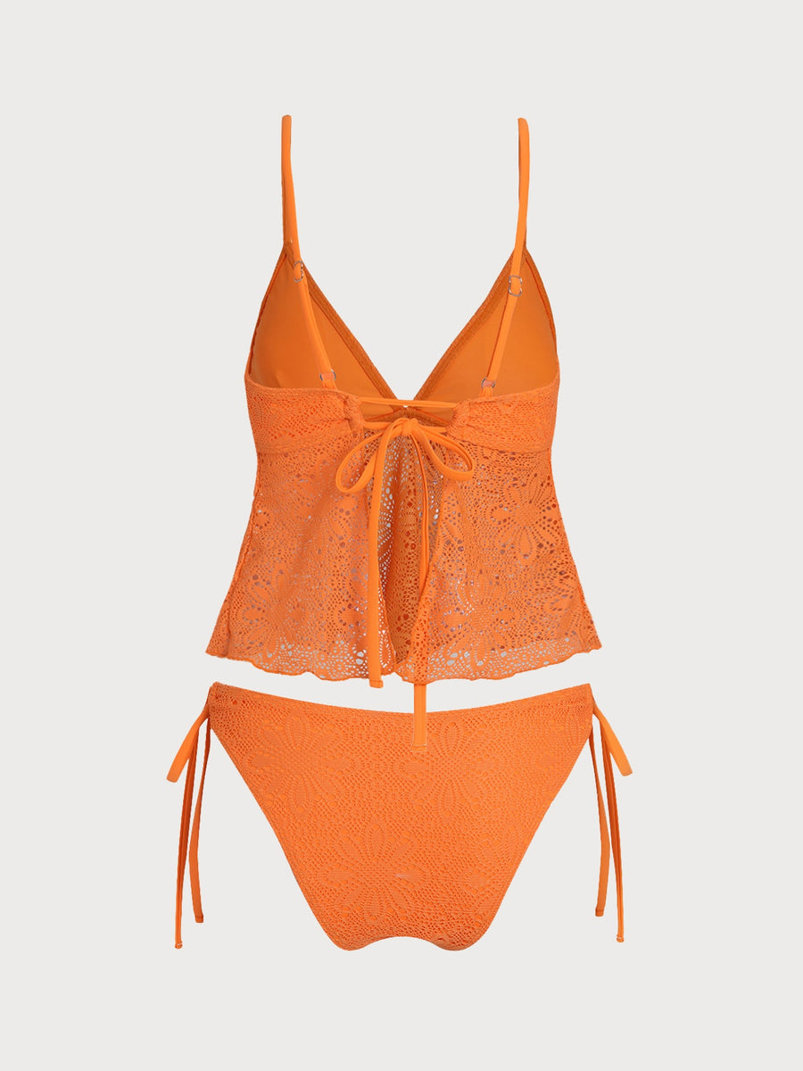 Orange V-Neck Ruffle Tankini Set