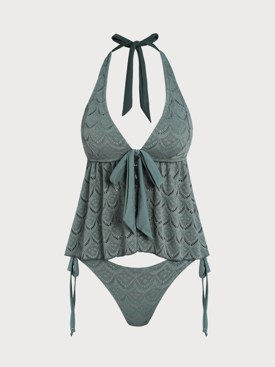 Turquoise Halter Tie-Front Tankini Set