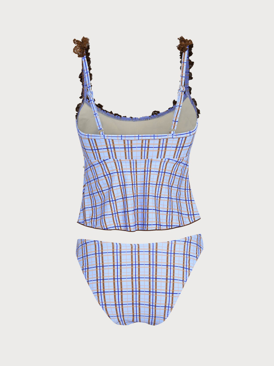 Blue Plaid Ruffle Bowknot Tankini Set