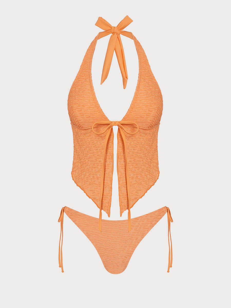 Orange Ruched Tie-Front Tankini Set
