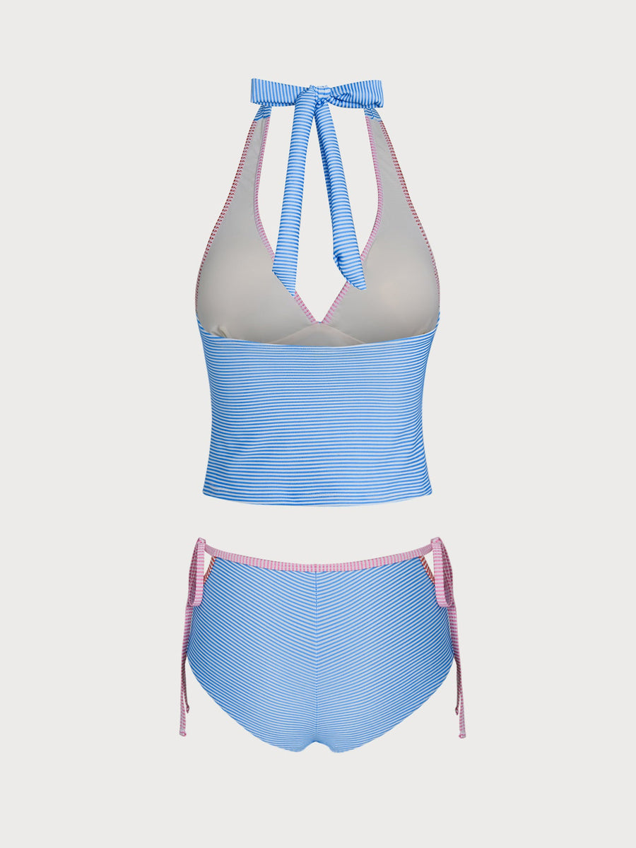 Blue Bowknot Striped Contrast Tankini Set