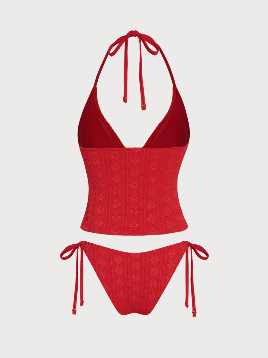 Red Floral Textured Tankini Set