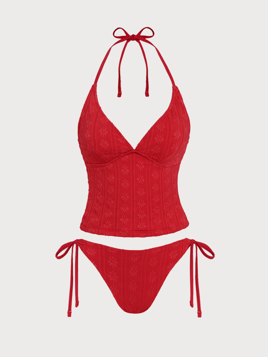 Red Floral Textured Tankini Set