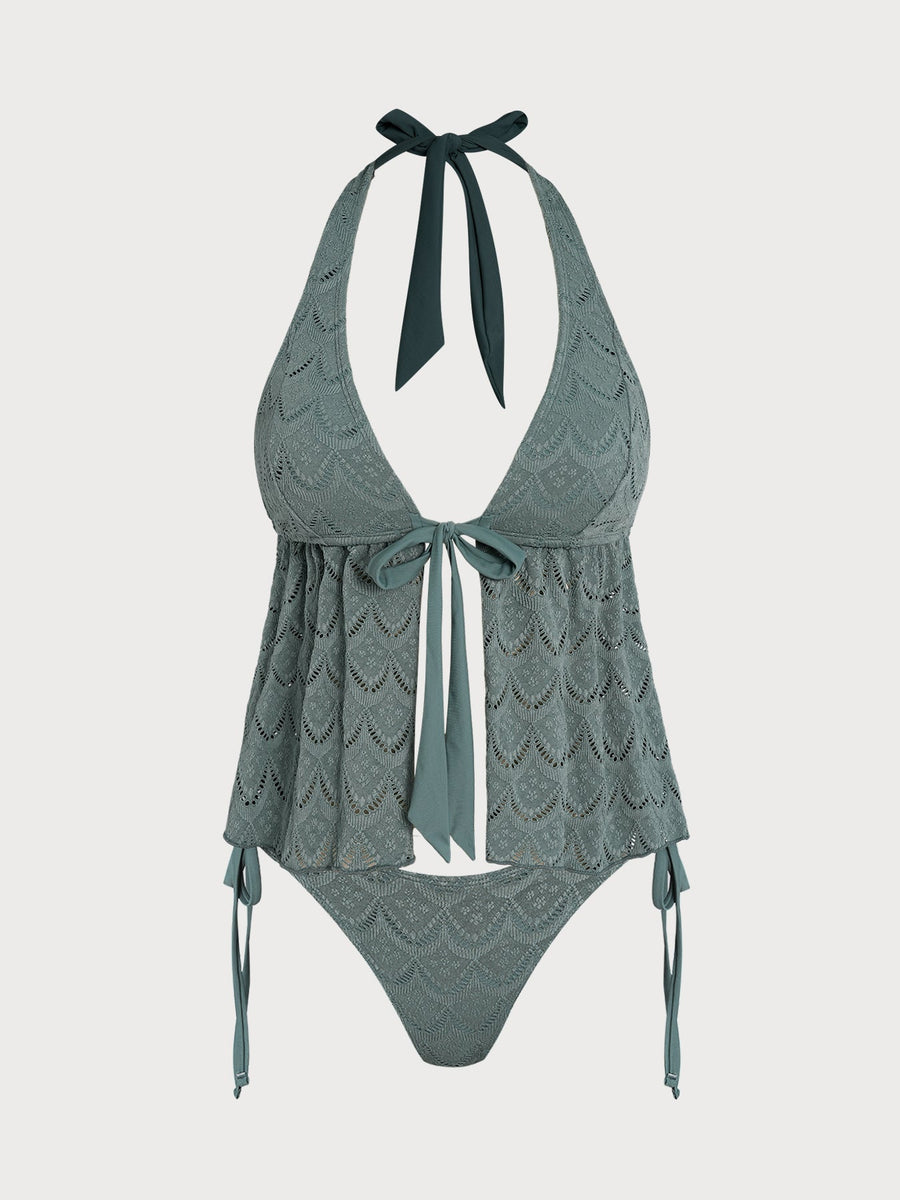 Turquoise Halter Tie-Front Tankini Set