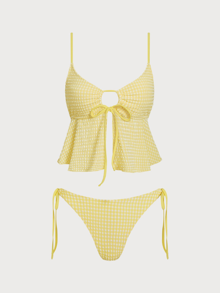 Yellow O-Ring Plaid Tankini Set