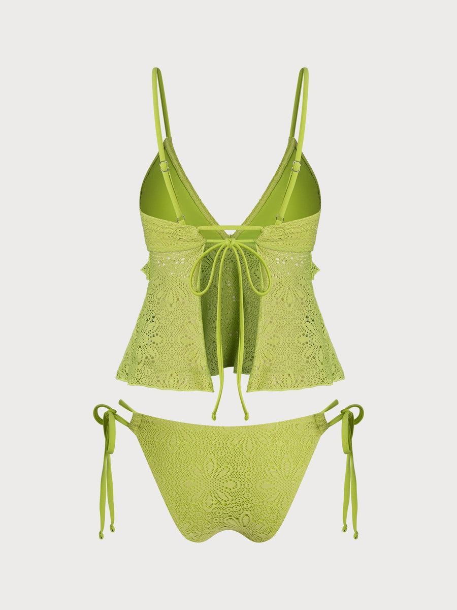 Green V-Neck Ruffle Tankini Set