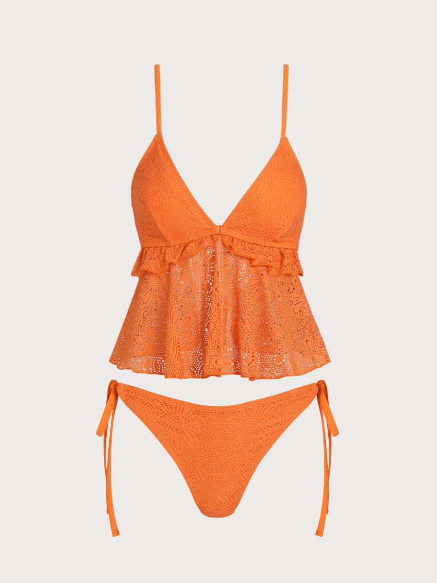 Orange V-Neck Ruffle Tankini Set