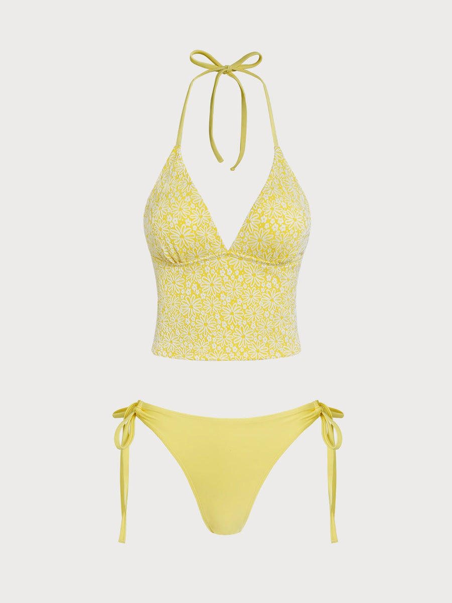 Yellow Halter Floral Plant Tankini Set