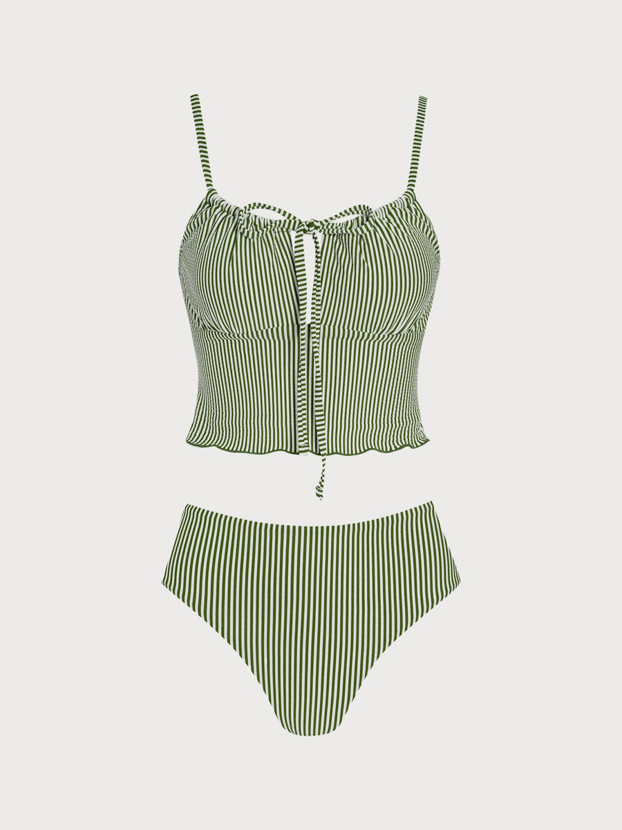 Green Striped Tie Front Tankini Set