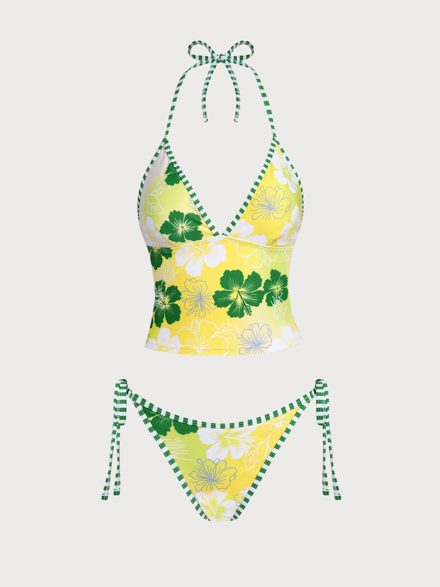 Green Floral Printed Halter Tankini Set