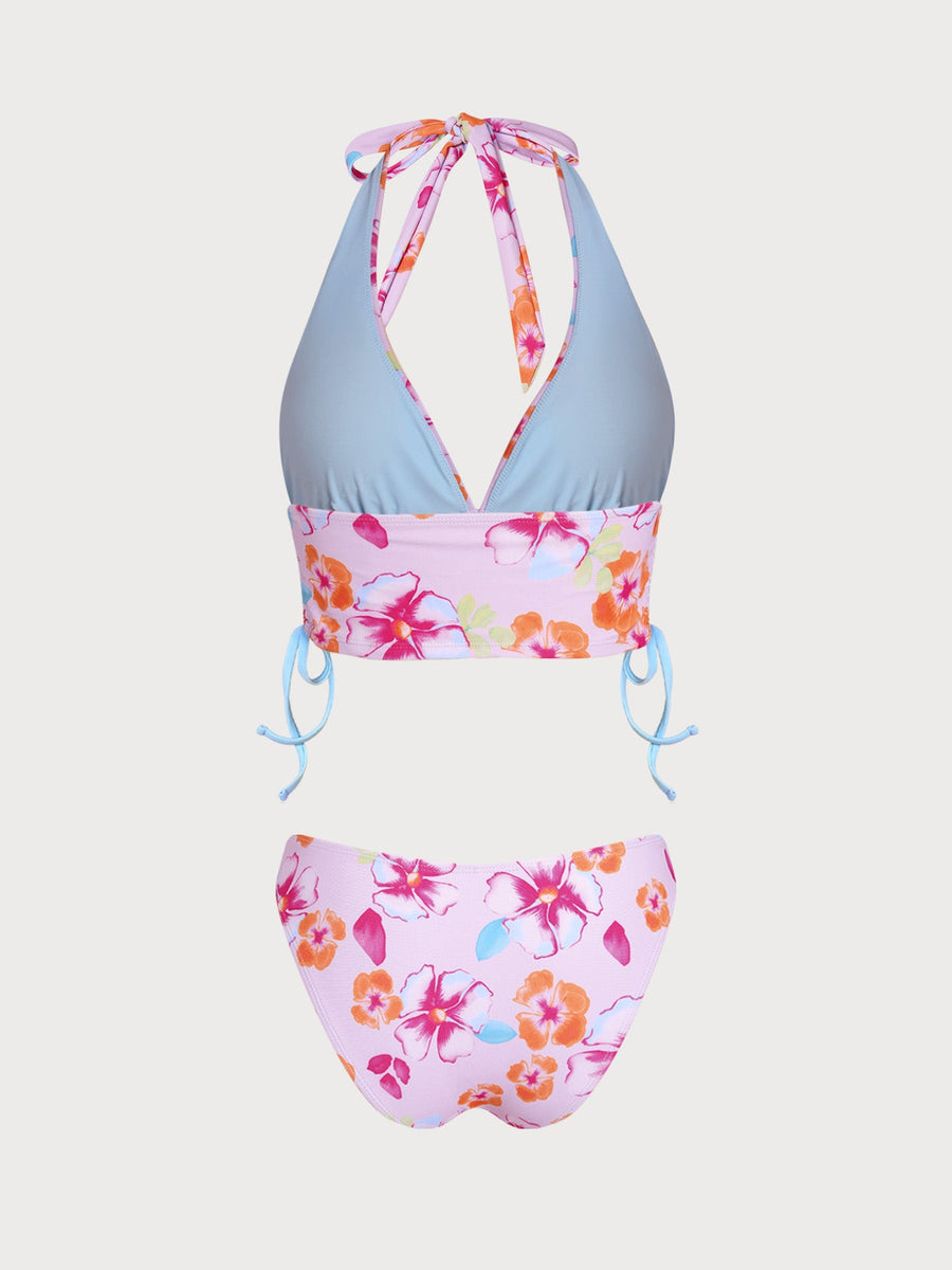 Pink Floral Contrast Tankini Three-Piece Set