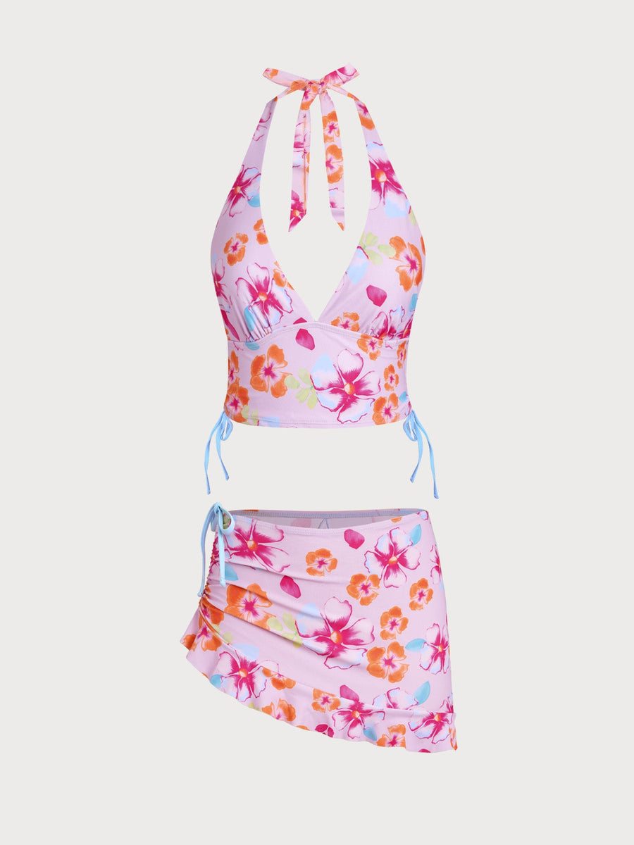 Pink Floral Contrast Tankini Three-Piece Set