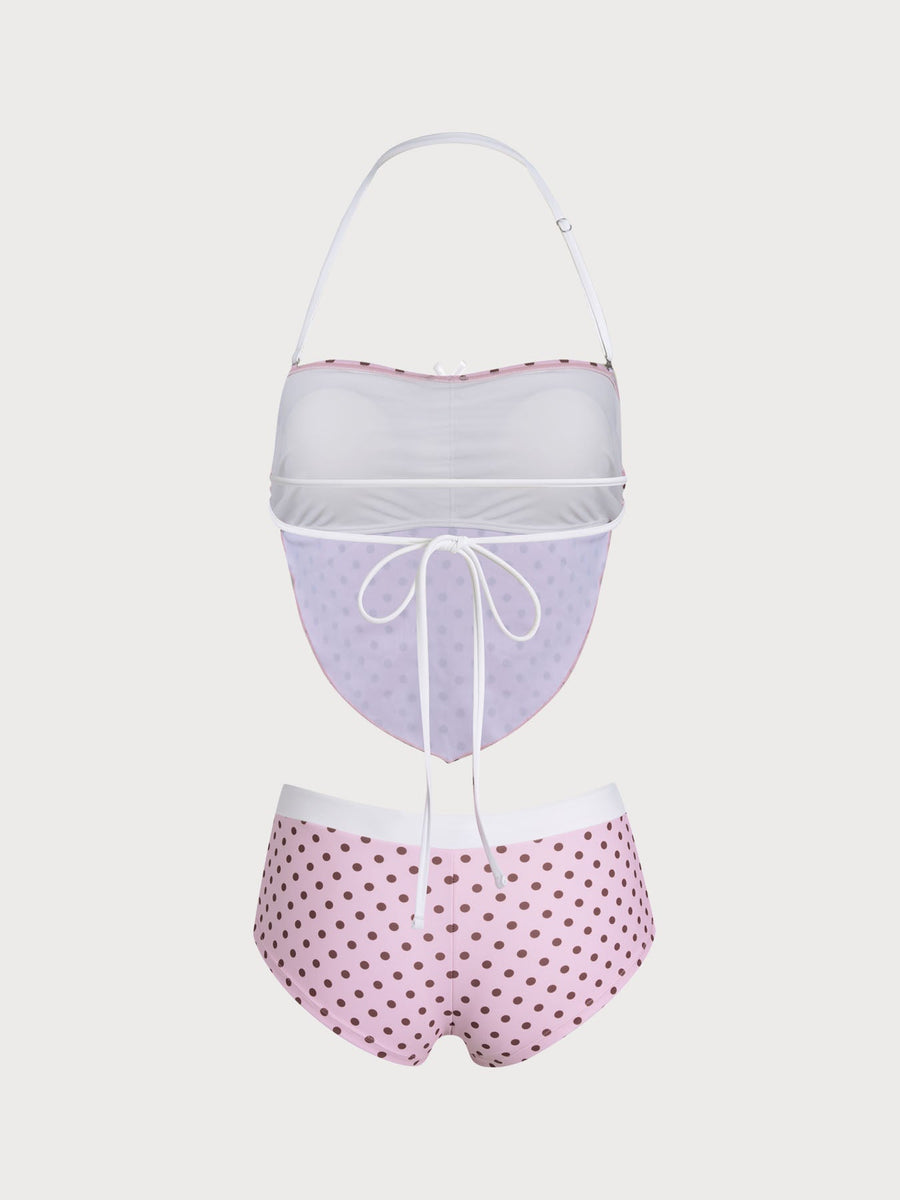Pink Polka Dot Backless Tankini Set