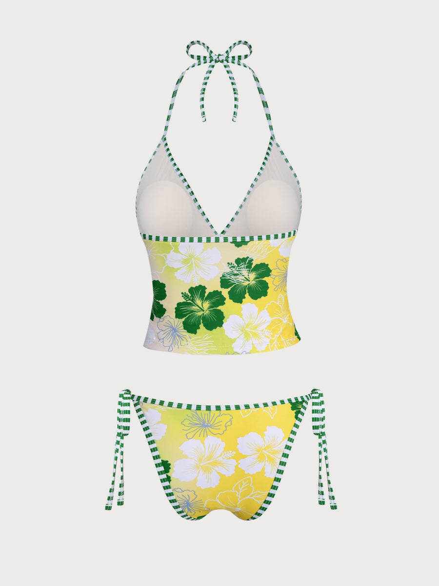 Green Floral Printed Halter Tankini Set