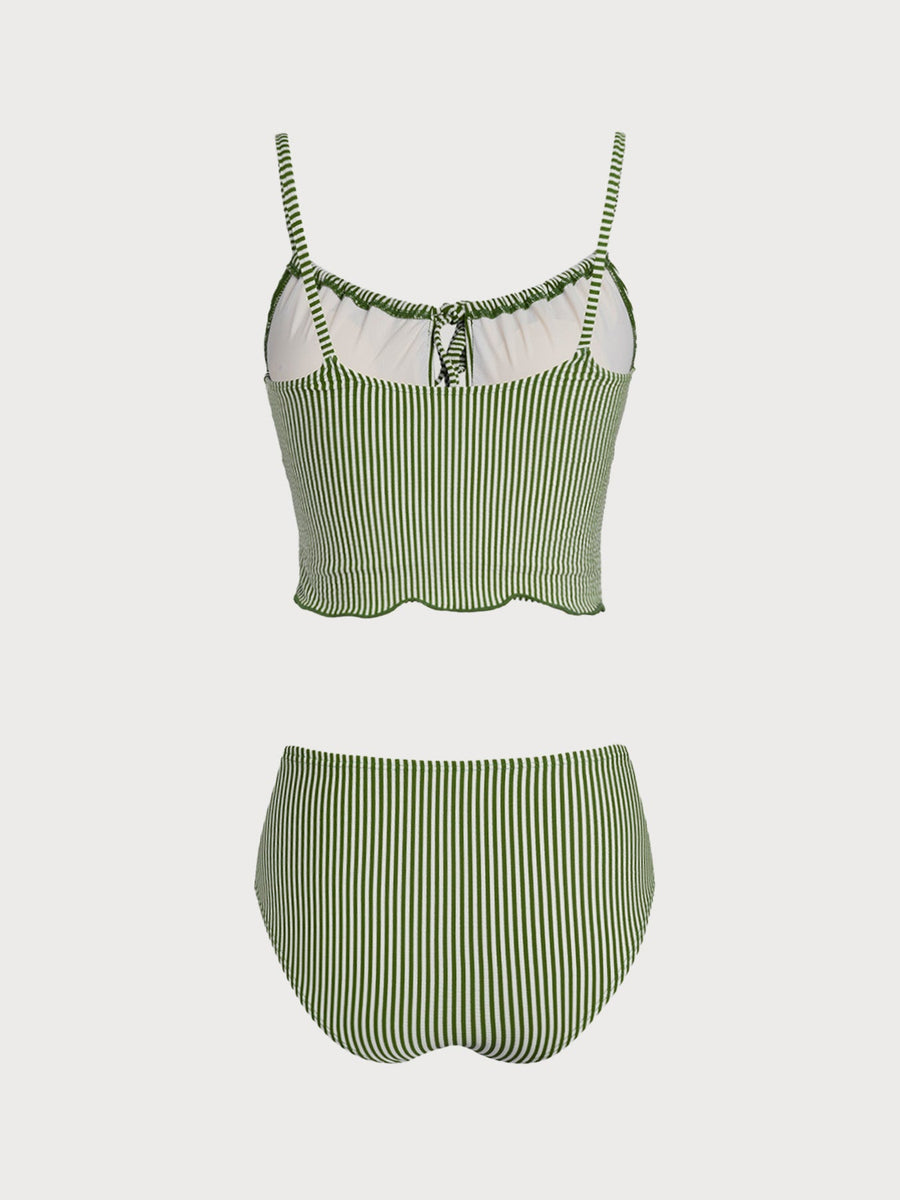 Green Striped Tie Front Tankini Set