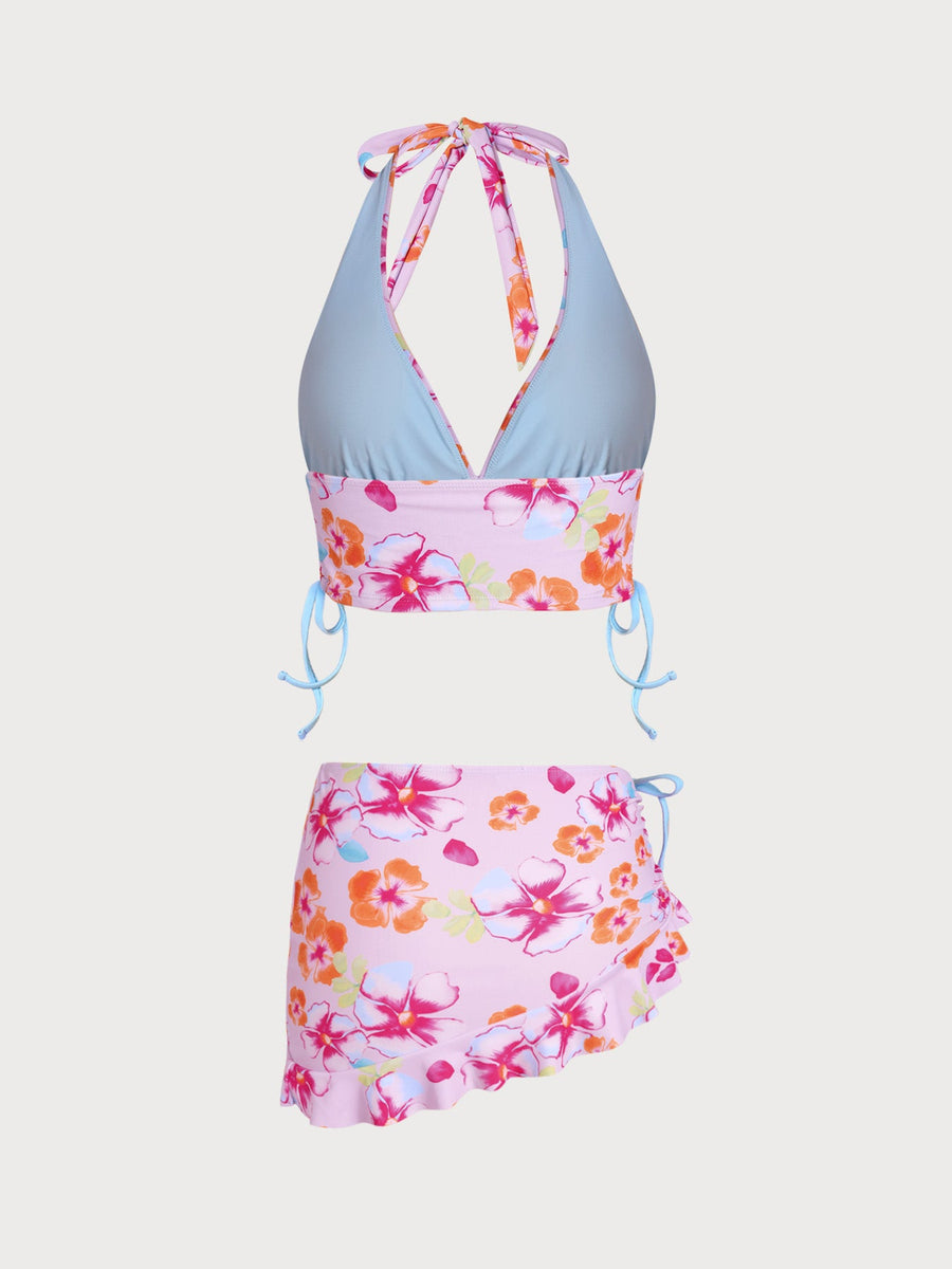 Pink Floral Contrast Tankini Three-Piece Set