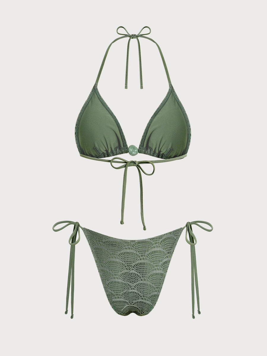 Green Floral Trim Plant Bikini Set