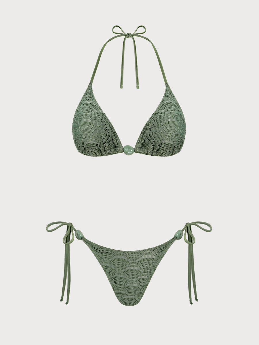 Green Floral Trim Plant Bikini Set