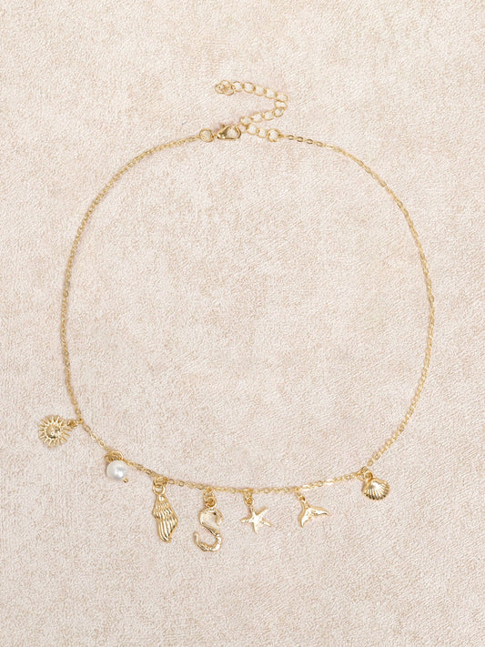 Gold Metal Letter Starfish Shell Necklace