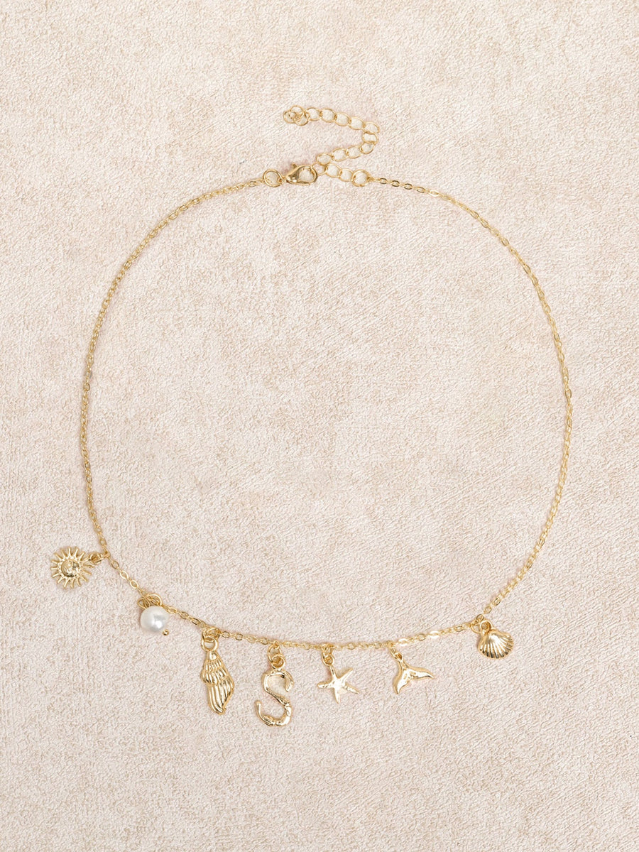 Gold Metal Letter Starfish Shell Necklace