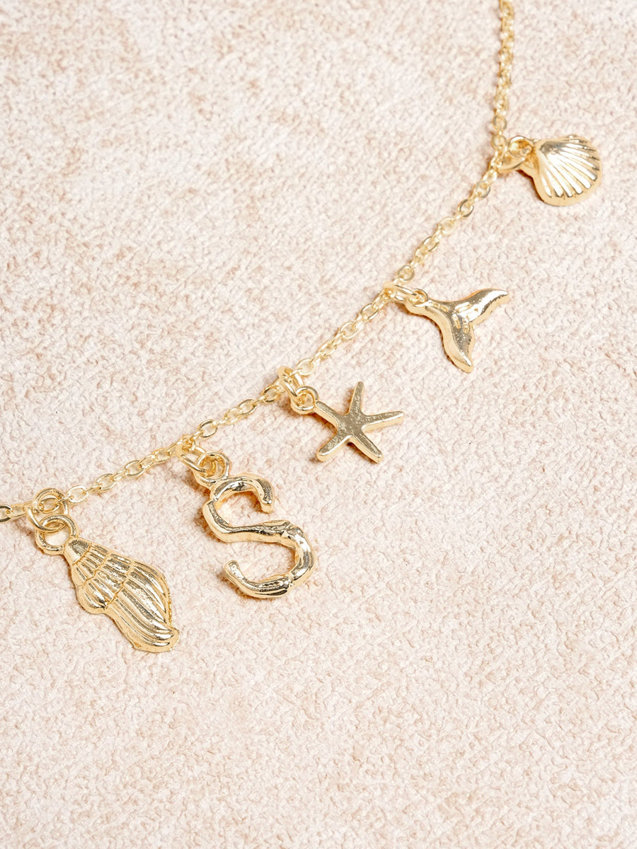 Gold Metal Letter Starfish Shell Necklace