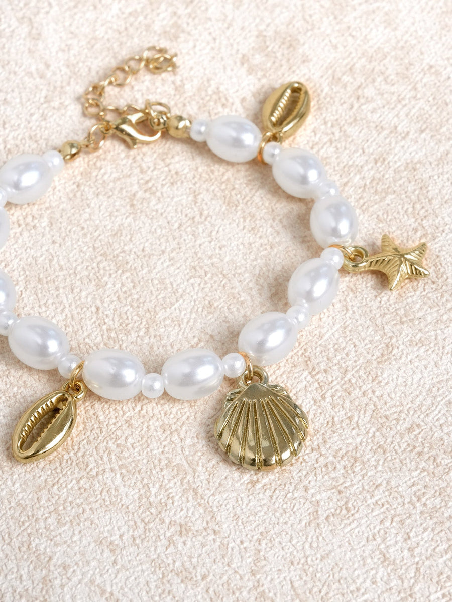 Gold Pearl Shell Conch Starfish Pendant Bracelet
